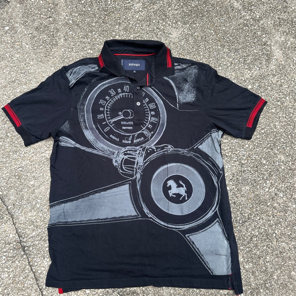 Official Ferrari Mens Polo Shirt Black Graphic Speedometer Steering Wheel XL